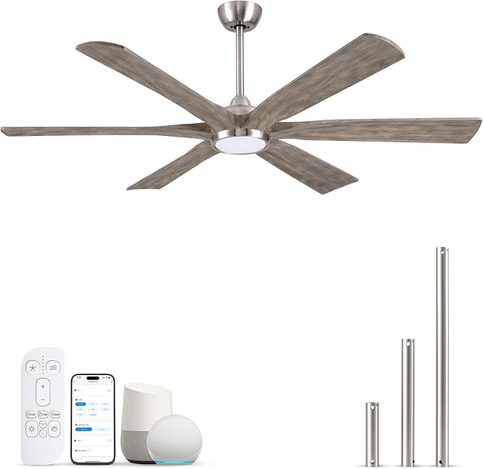 60 Inch Smart Outdoor Ceiling Fan with Light, Modern Farmhouse Style, Works with Alexa/App/Remote, 6 Gray Solid Wood Blades, Damp Rated Quiet DC Motor for Patios, Covered Porches & Indoor Bedrooms