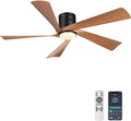 Ohniyou 52” Flush Mount Modern Farmhouse Ceiling Fan with Lights | Remote/APP Control, Low Profile, 3CCT Dimmable, Quiet DC Motor, Reversible, Covered Outdoor Overhead Fans, Black+Wood Color