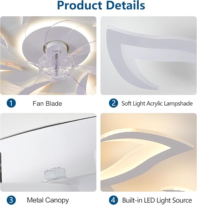 Dalouguan Modern Ceiling Fan with Lights Remote Control, 32" White 6 Speeds 3 Light Color Low Profile Flush Mount Ceiling Fan for Kitchen Bedroom