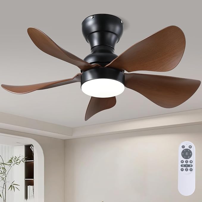 PHORUS 30" Small Brown Low Profile Ceiling Fans with Lights and Remote | Super Large Airflow with 6 Wind Speeds, Reversible, Dimmable 3 CCT LED, 30W Noiseless DC Motor,Timer, for Bedroom Kitchen