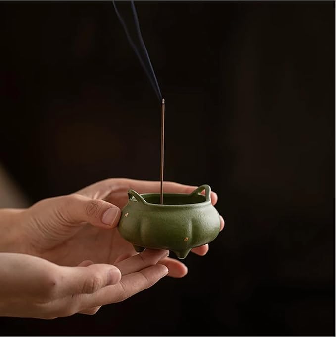 Hermit Life Incense Burner with 9 Holes Stick Holder, Lotus Bud or Tripod Ding Shape Design and Matte Ceramic Surface for Home Décor, Incense Stick Holder with Ash Catcher (Green Tripod Ding)