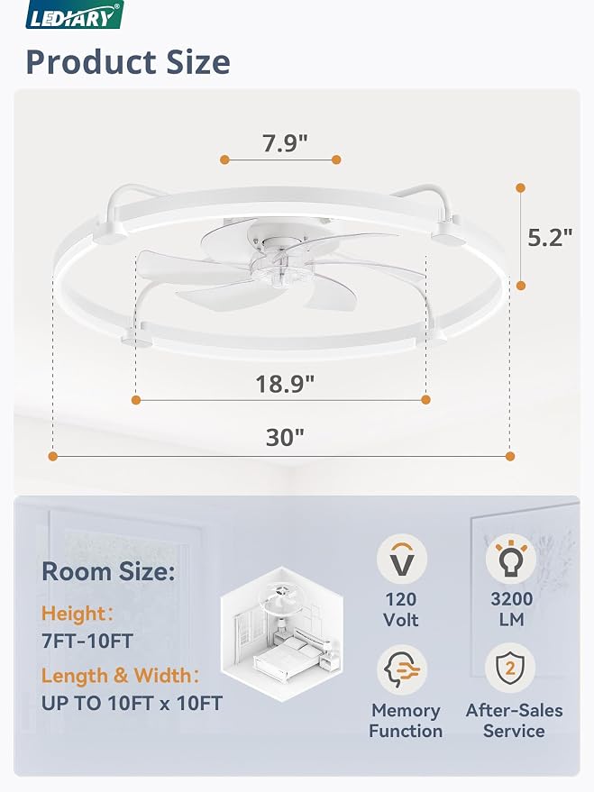 LEDIARY 30" Ceiling Fans with Lights and Remote, Low Profile Led Fan Light | Stepless Dimmable Fandelier, 6 Wind Speeds, Remote and APP Control, Flush Mount Ceiling Fan for Bedroom, Living Room, White
