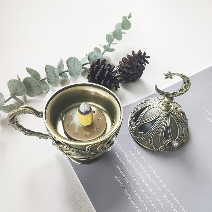 Hourwof Vintage Cone Incense Holder,Metal Incense Burner Holder with Cover,Bakhoor Burners,Incense Ash Catcher with Handle for Yoga Aromatherapy Meditation Home Office Decor,Moon Bronze