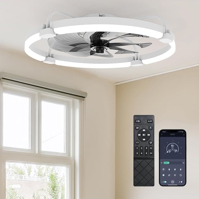 Ensenior Ceiling Fans with Lights and Remote, 24'' Low Profile Ceiling Fan Flush Mount, APP Control, 6 Speed, 3CCT, Quiet Reversible DC Motor, Dimmable Modern Ceiling Fan with Light for Bedroom-White