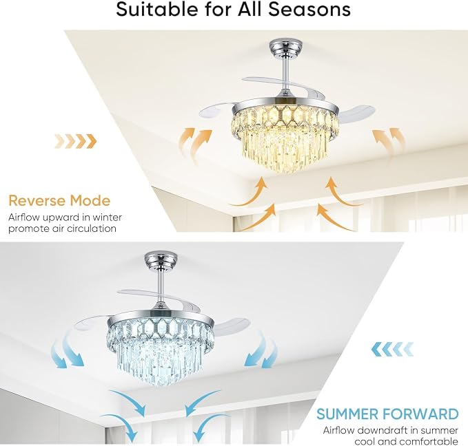 FIDGRA 48 Inch Fandelier Ceiling Fan with Light, Retractable Ceiling Fan with Lights Chandelier Fan for Bedroom, Living Room, 3 Color Temperature, 6 Wind Speed-Chrome