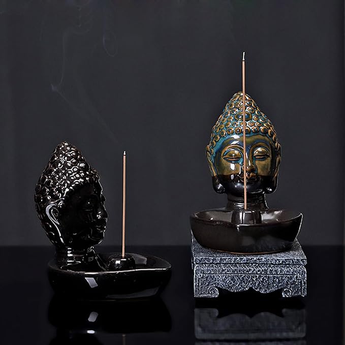 Buddha Head Incense Holder for Sticks, Small Ceramic Incense Burner Healing, Meditaiong, Zen, Timer of Spa or Yoga, with Ash Catcher (Black)