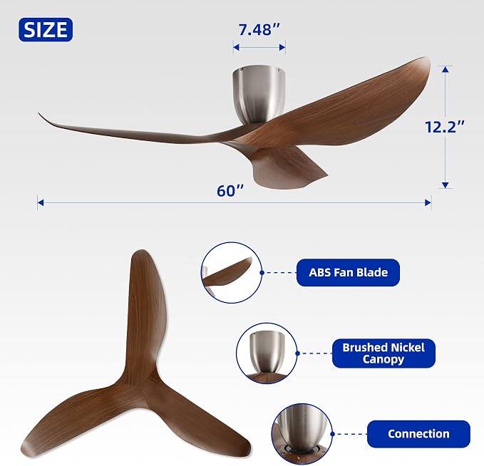 60" Walnut Finish Flush Mount Ceiling Fan with Remote, No Light | Modern Low-Profile, Heat Resistant ABS Blades, 6-Speed Reversible Quiet DC Motor for Balcony, Living Room, Bedroom