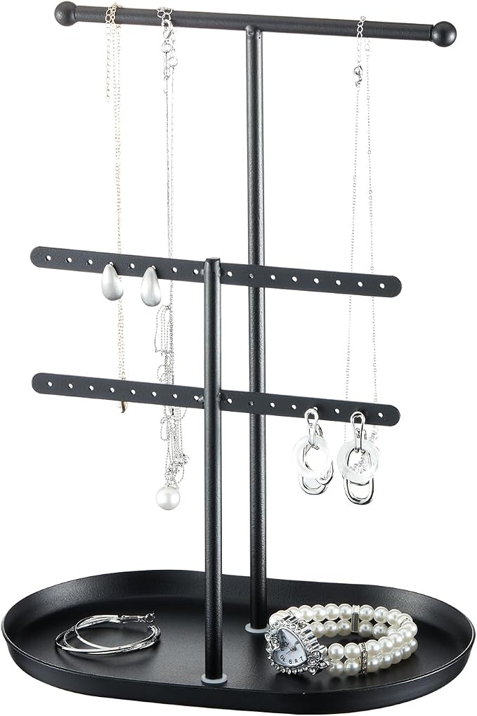 Saydear 3-Tier Jewelry Organizer Stand, Earring Holder Necklace Tree | Black Metal Earring Rails With Top Necklace Bar, Oval Tray Base, Ideal Vanity Dresser Decor, Gift For Her