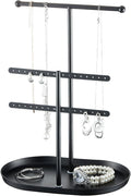 Saydear 3-Tier Jewelry Organizer Stand, Earring Holder Necklace Tree | Black Metal Earring Rails With Top Necklace Bar, Oval Tray Base, Ideal Vanity Dresser Decor, Gift For Her