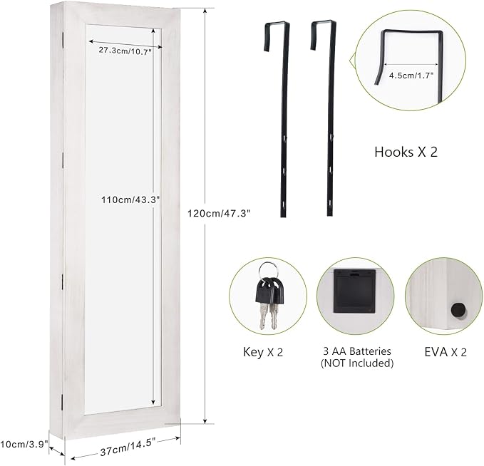 SRIWATANA Washed White Jewelry Cabinet with Full Length Mirror, Solid Wood | Wall & Door Mounted Wood Jewelry Armoire; Space-Saving Mirror Cabinet with Lockable Door & Large Capacity