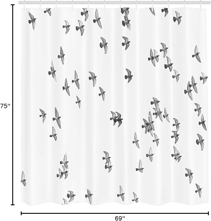 Ambesonne Lifestyle Shower Curtain, Group of Pigeon Gulls Birds Dove Flying on Sky Urban Scenic Move on Photo Print, Cloth Fabric Bathroom Decor Set with Hooks, 69" W x 75" L, Ivory Grey