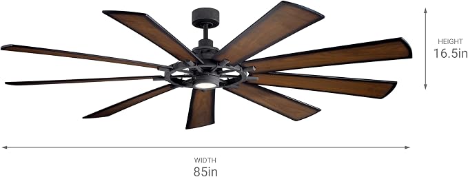 Kichler Gentry XL 85" Ceiling Fan with Lights, 1-Light LED, 3000K, 9 blade Modern Industrial Fan in Distressed Black, (85" W x 16.5" H), 300285DBK