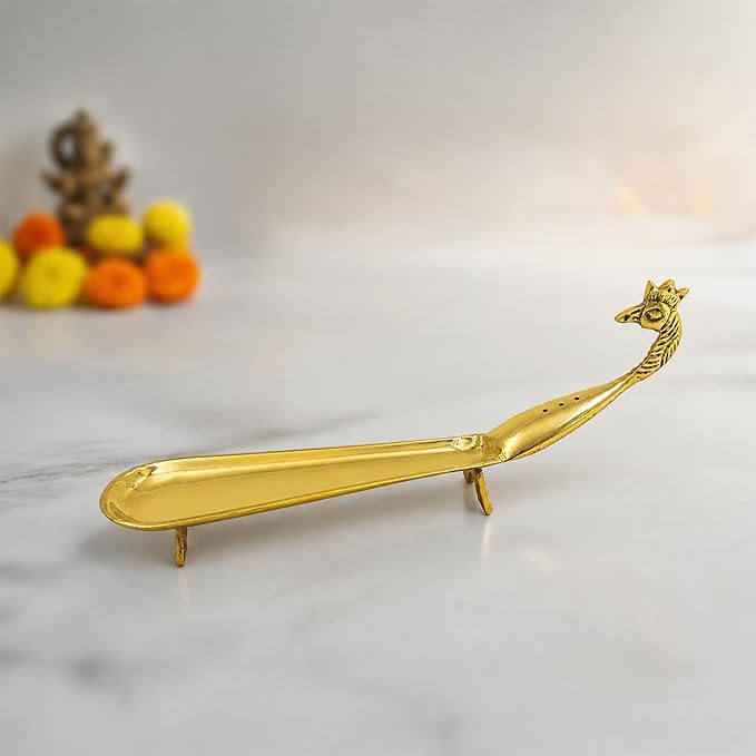 Putrika Brass Incense Stick Holder Stand | Holder | Burner with Ash Catcher Agarbatti | Batti Stand Dhup | Dhoop Best for Puja | Pooja [24cm*2.5cm*7.5cm][Weight: 170gm]- Peacock Agarbatti (Plain)