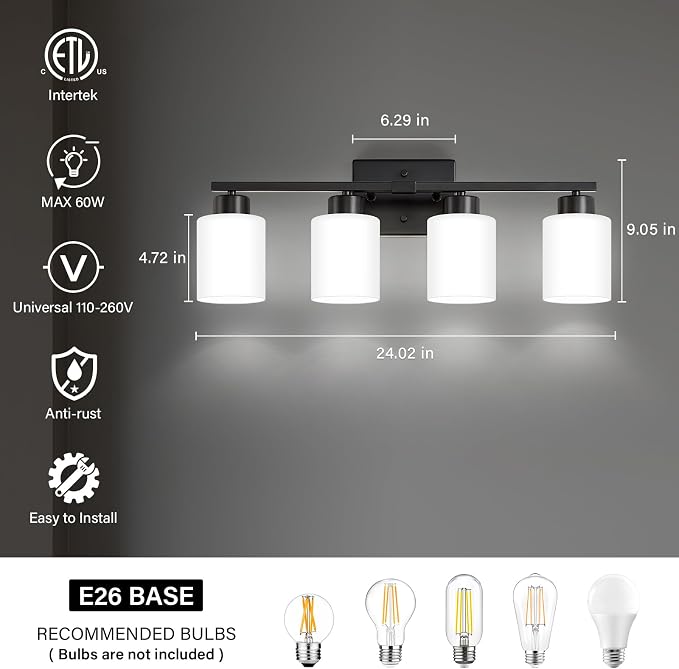 FonmYim Black Bathroom Light Fixtures, 4-Light Modern Vanity Light Over Mirror, Wall Sconces with Milky White Frosted Glass Shades, E26 Socket (Bulbs Not Included)