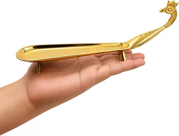 Putrika Brass Incense Stick Holder Stand | Holder | Burner with Ash Catcher Agarbatti | Batti Stand Dhup | Dhoop Best for Puja | Pooja [24cm*2.5cm*7.5cm][Weight: 170gm]- Peacock Agarbatti (Plain)