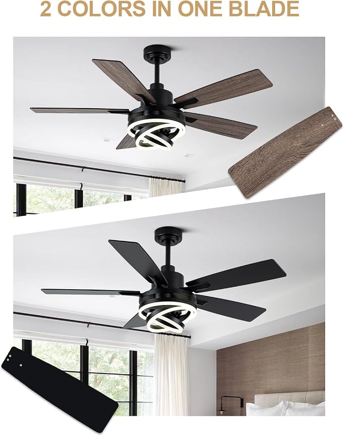 Bella Depot 52" Modern Black Ceiling Fan with Light and Remote, Chandelier Fan Light for Living Room Bedroom Office Indoor Patio