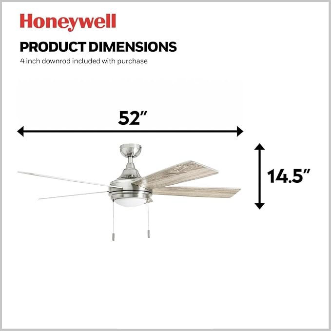 Honeywell Ceiling Fans Ventnor, 52 Inch Modern Farmhouse Indoor LED Ceiling Fan with Light, Pull Chain, Three Mounting Options, Dual Finish Blades, Reversible Motor - 50606-01 (Brushed Nickel)
