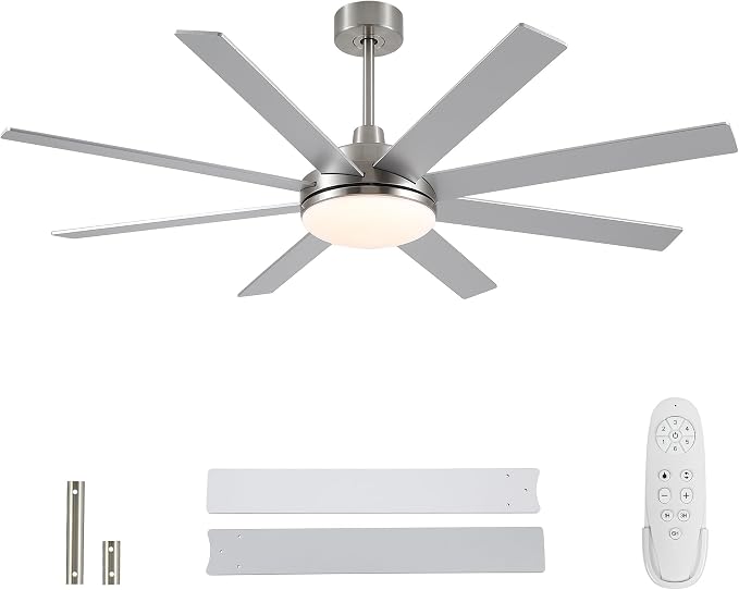 62 Inch Ceiling Fans with Lights and Remote Control, Brushed Nickel | Wooden Blades,Reversible Quiet DC Motor, 6-Speed, 3CCT Dimmable LED, Timer for Living Room, Bedroom, Office