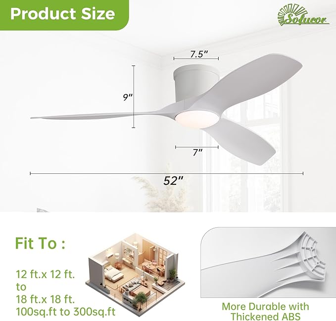 Sofucor 52 Inch Low Profile Ceiling Fans with Lights, Modern Flush Mount Ceiling Fan with 3 Plastic Blades, 6500CFM, Dimmable 6-Speed 3-Timer Reversible DC Motor for Bedroom Living Room, ETL, Brown