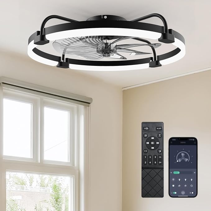 Ensenior Ceiling Fans with Lights and Remote, 24" Low Profile Ceiling Fan Flush Mount, APP Control, 6 Speed, 3CCT, Quiet Reversible DC Motor, Dimmable Modern Ceiling Fan with Light for Bedroom, Black