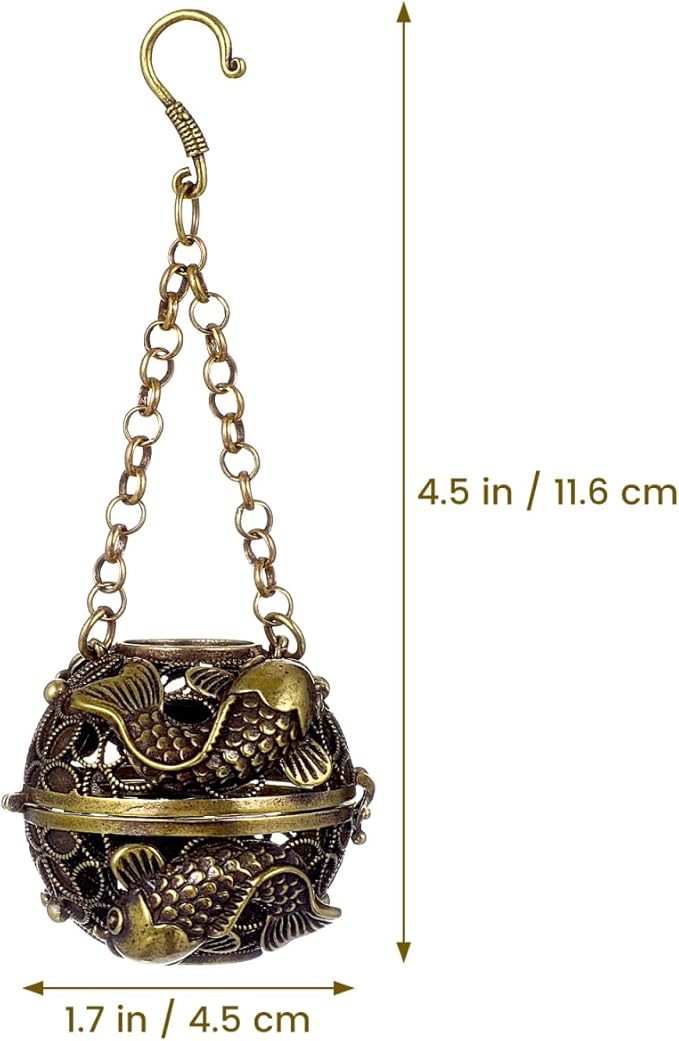 PRETYZOOM Hanging Backflow Incense Burner Ball Shaped Carved Fish Cone Incense Holder Cone Incense Copper Frankincense Burner Hollow Aromatherapy Furnace for Home Office Decoration