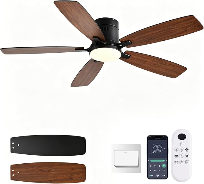FUMLTP 52inch Ceiling Fans with Lights, Low Profile Ceiling Fan with Light and Remote Control/APP Control, Flush Mount, Reversible Motor, Dimmable, Noiseless, Brown Ceiling Fan for Bedroom (Brown)