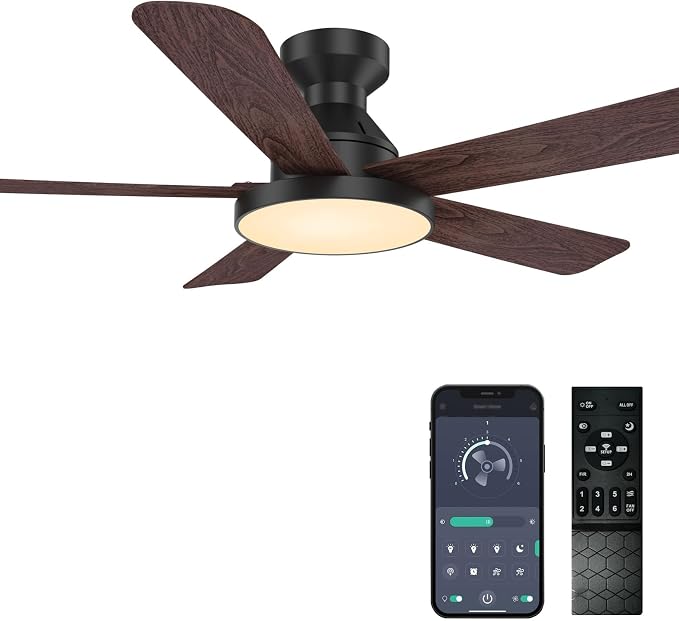 Ceiling Fans with Lights, 46" Low Profile Ceiling Fan with Light, Remote/App Control, Flush Mount Black Ceiling Fan for Bedroom, Indoor/Outdoor (Dark Wood)