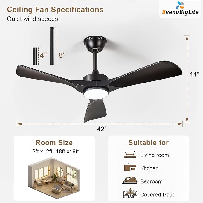 Black Ceiling Fan with Light: 42-Inch Ceiling Fan 3 Blades Low Profile Outdoor - Modern Ceiling Fans with Remote Control Quiet Reversible DC Motor for Patio Living Room