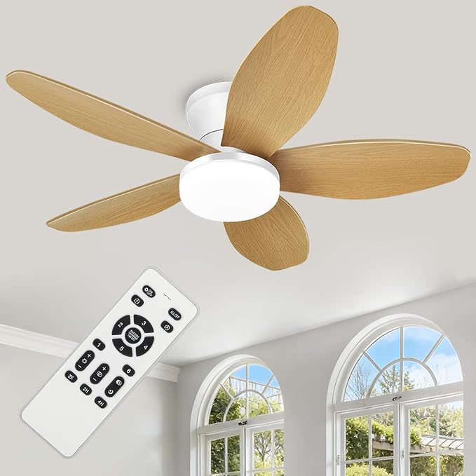 Small Ceiling Fan with Light - 35 Inch Flush Mount Ceiling Fan with Lights and Remote, Low Profile Ceiling Fans with 5 Reversible Blades, 6 Wind Speeds, White&Wood Ceiling Fans for Bedroom