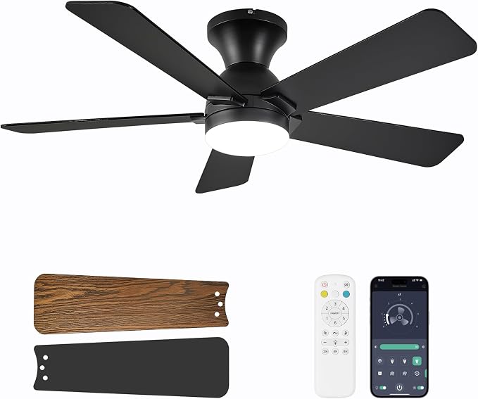 Ceiling Fans with Lights, 42 Inch Low Profile Ceiling Fan with Light and Remote Control, Flush Mount, Reversible, 3CCT, Dimmable LED, Quiet, Black Ceiling Fan for Bedroom, Kitchen