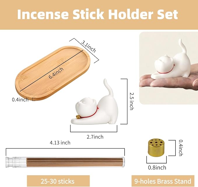 Cute Ceramic Cat Incense Holder Set with Bamboo Ash Tray and Sticks, Handmade Cat Incense Burner Incense Holder for Sticks for Yoga Spa Meditation Massage Home Office Desk Decor Zen Space Gifts
