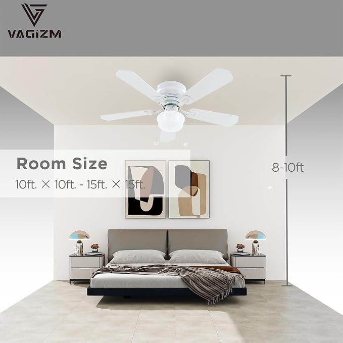 42" Flush Mount Ceiling Fan Matte White Traditional Ceiling Fan with Light & Pull Chain - Low Profile Design - Indoor Use