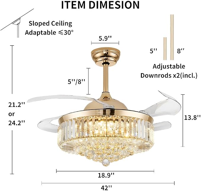 42'' Fandelier Ceiling Fans with Light, Chandelier Ceiling Fan, Retractable Crystal Ceiling Fan for Bedroom, Living Room, 3 Color Change, LED Dimmable, 6 Speeds, Reversible DC Motor-Gold