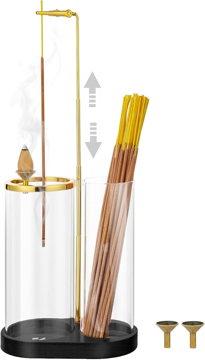 3 in 1 Incense Holder for Sticks Upside Down Anti-Ash Incense Burner with Glass Ash Catcher Backflow Cone Incense Diffuser with Adjustable Threaded Mounting for Mediation Yoga Spa Gifts Home Decor