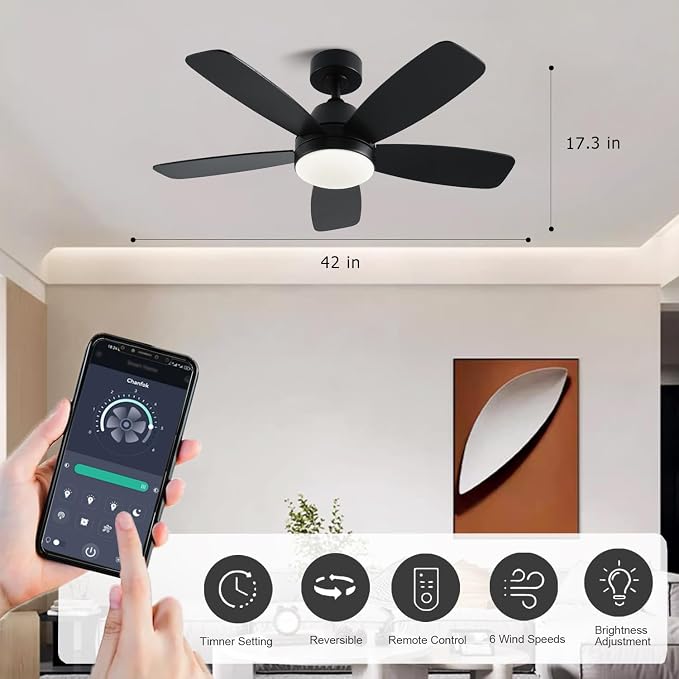 GJeg Ceiling Fans with Lights, 42 Inch Low Profile Ceiling Fan with Lights and Remote Control, LED Dimmable DC Reversible, 8 Speed, Noiseless, Modern Black Ceiling Fan for Bedroom, Indoor/Outdoor Use