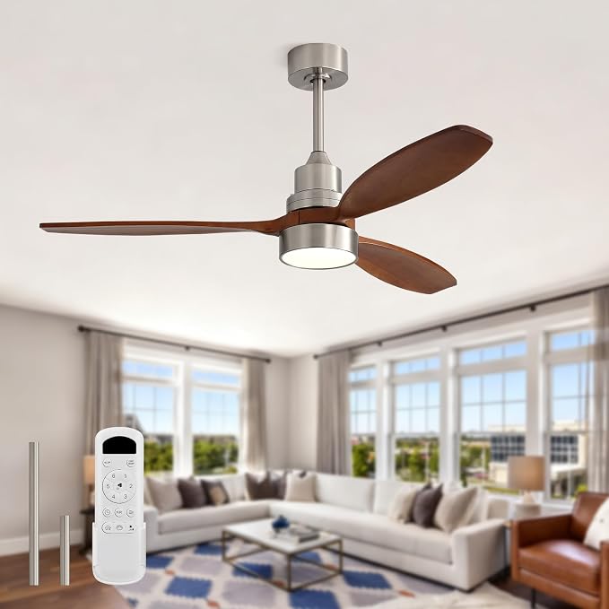 Sofucor 52 inch Wood Ceiling Fan with Light, Quiet 6-Speed 3 Blades Reversible LED Ceiling Fan, Modern Rustic Fan with Dimmable Light for Living Room Bedroom Home Office Cafe Patio Porch