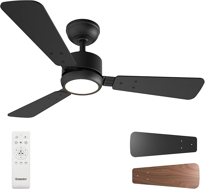Ensenior 42 Inch Ceiling Fans with Lights and Remote, Small Bedroom Ceiling Fan with 3 Reversible Blades (Black/Wood), Quiet DC Motor, 6 Speeds, 3 Color, Memory Function, Modern Fan for Home, Black