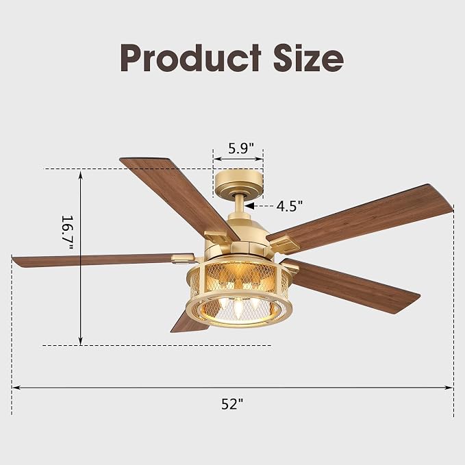 52 Inch Vintage Gold Ceiling Fans with Lights and Remote, 5 Dual Finish Blades, Quiet Reversible Motor, Farmhouse Ceiling Fan Light for Living Room & Bedroom