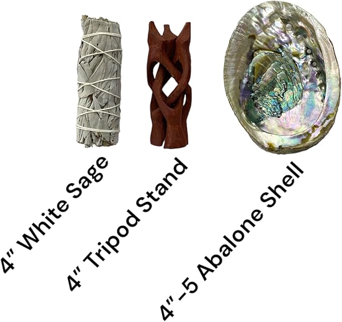 NessaStores 3 pc Sage Smudge Kit with 4" White Sage, 4"-5" Abalone Shell, & 4" Tripod Stand | All Natural for Home Cleansing, Stress Relief, Meditation, and Removing Negative Energy. JC-211-D