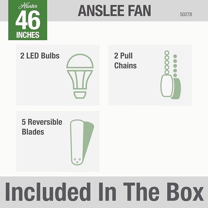 Hunter Anslee, Indoor, Ceiling Fan, with LED Light, 46 inch, Brushed Nickel
