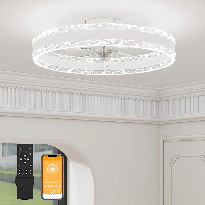 VOLISUN Low Profile Ceiling Fans with Light and Remote, 19.7in Fandelier Ceiling Fan with Light, 3000K-6500K Dimmable Flush Mount LED Ceiling Fan Light, White Modern Ceiling Fan Light for Bedroom