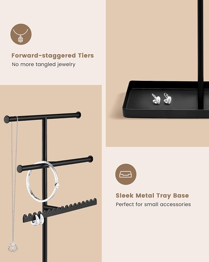Lolalet 3-Tier Jewelry Organizer Stand, Metal Jewellery Holder, Dresser Display Rack for Necklace Earring Bracelets Rings, Gift for Women Girls -Black