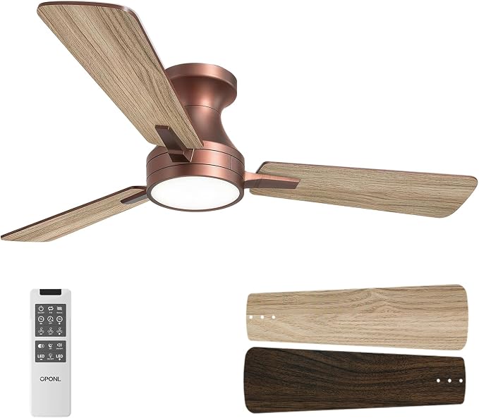 OPONL Ceiling Fan with Light, 42 inch Low Profile Ceiling fan with Light and Remote Control, Reversible, 6CCT, Dimmable, Noiseless, Brown Ceiling Fan for Bedroom, Indoor/Outdoor Use, Modern
