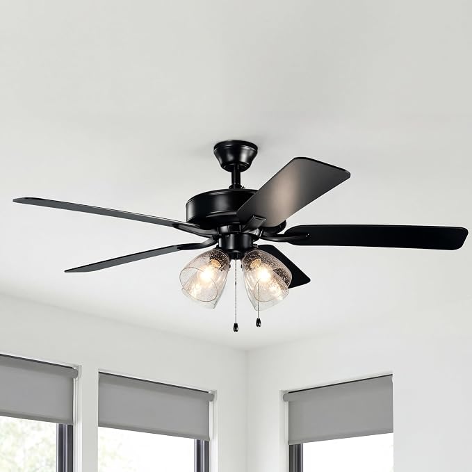 Kichler Basics Pro Premier 52 in Ceiling Fan with Light, Reversible Blade Indoor Fan with 4200 CFM High Airflow in Satin Black, LED Bulbs Included for Bedroom or Kitchen, 330016SBKS