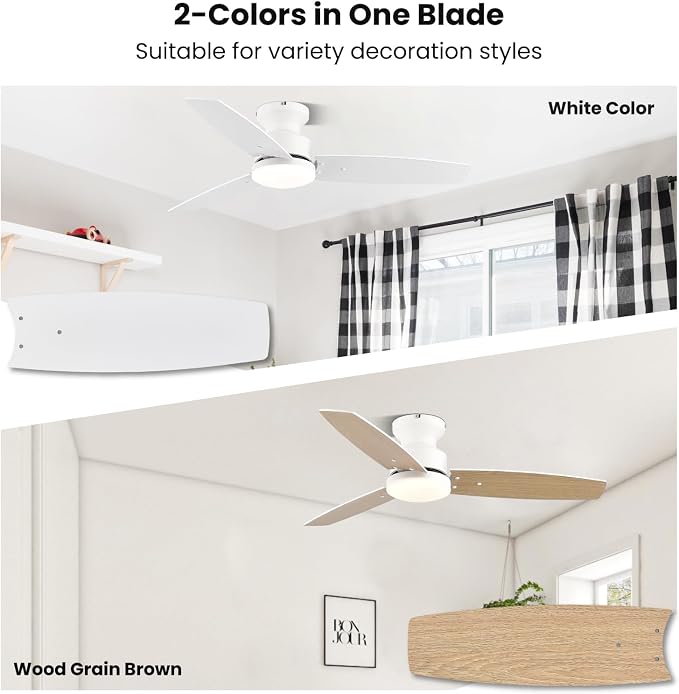 42 Inch Ceiling Fans with Lights and Remote, Bedroom Living Room Office, Flush Mount, 6CCT Dimmable, Dual Color 3 Blades 6 Speed Reversible Quiet DC Motor, White/Wood Grain, 2 Pack
