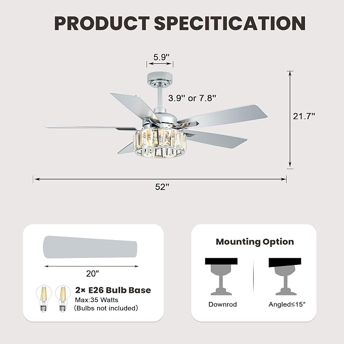 Dawn Whisper 52" Crystal Chandelier Ceiling Fans with Lights and Remote | Modern Design Quiet Reversible DC Motor 6 Speeds Timer for Living Room Bedroom