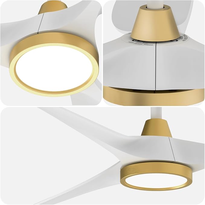 Roomratv Ceiling Fans with Lights,Large Airflow 52inch Modern Ceiling Fan with Quite Reversible DC Motor 3 Color Temperature LED Light (White Gold)