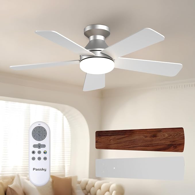 Passky Ceiling Fans with Lights, 42 inch Flush Mount Ceiling fan with Remote Control, Low Profile Ceiling Fan for Bedroom, Farmhouse, Reversible, 3CCT, Dimmable, Noiseless DC Motor, Silver