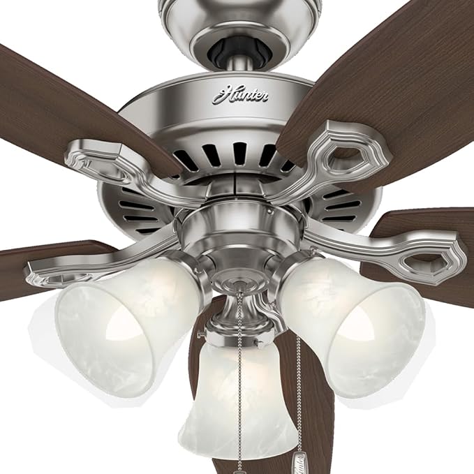 Hunter 52 inch Indoor Ceiling Fan with LED Lights - Ceiling Fan with Pull Chain, For Bedroom or Living Room, Standard Mount, No Remote, 5 Blades, Includes Bulbs - Builder Plus 53237, Brushed Nickel | with LED Lights, Standard Mount, Pull Chain, For Bed...