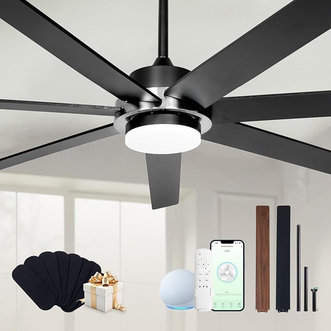 Minislak 72" Black Smart Ceiling Fan with Light and Remote via WIFI Alexa APP Control,6 Speed Quiet DC Motor,Dimmable,Indoor Outdoor Ceiling Fans for Patios or Bedroom,Living room